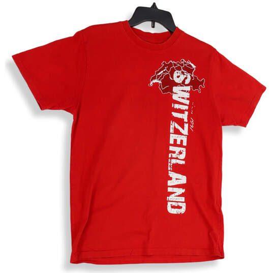 Unisex Red Switzerland Crew Neck Short Sleeve Pullover T-Shirt Size Medium image number 1