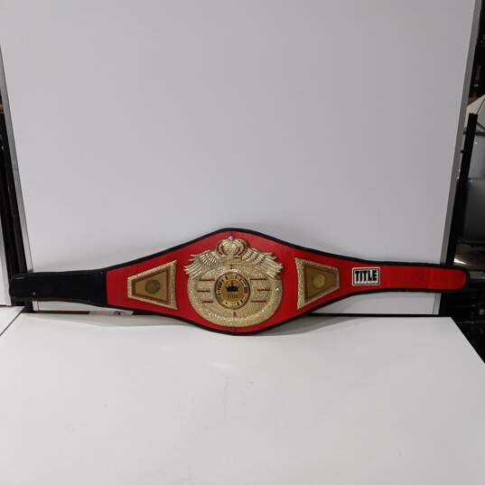 Red w/ Gold Tone Wrestling Title Belt image number 1