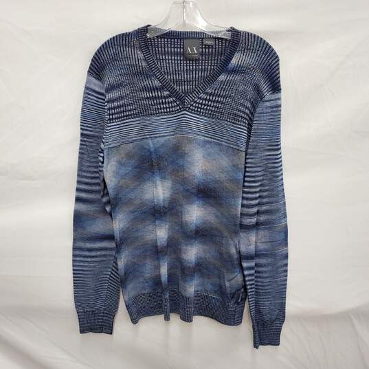 Armani Exchange WM's Rayon Polyester Blue Stripe V-Neck Sweater Size MM image number 1