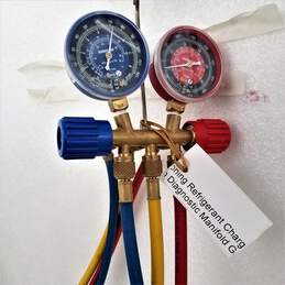 Air Conditioning Refrigerant Charging Hoses w. Diagnostic Manifold Gauge Set and 2 Quick Couplers RED YELLOW BLUE