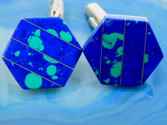 Taxco Mexico 925 Modernist Faux Azurite Inlay Hexagon Geometric Cuff Links 14.3g image number 3