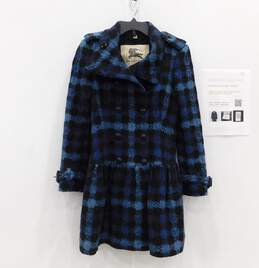 Women's Burberry Wool Double Breasted Blue Plaid Ruffle Bottom Coat