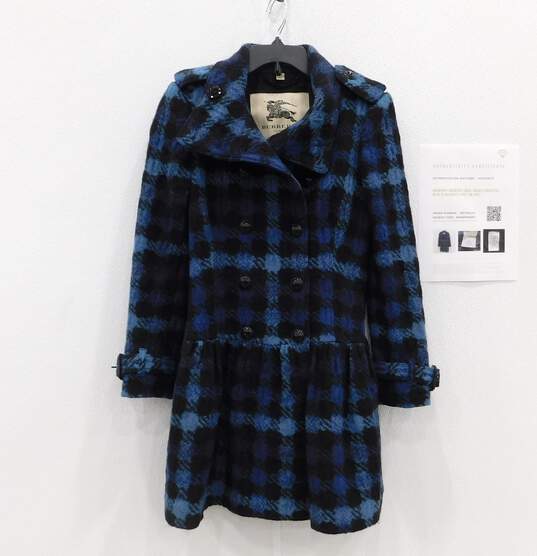 Women's Burberry Wool Double Breasted Blue Plaid Ruffle Bottom Coat image number 1