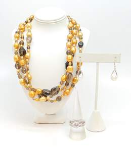 Artisan 925 Orange Faux Pearl & Smoky Beaded Multi Strand Necklace Teardrop Drop Earrings & Cubic Zirconia Ring 98.1g