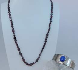Artisan 925 Garnet Beaded Necklace & Lapis Lazuli Cabochon Tapered Wide Cuff Bracelet 58.8g
