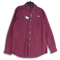 NWT Mens Red Blue Plaid Stretch Long Sleeve Button-Up Shirt Size XL