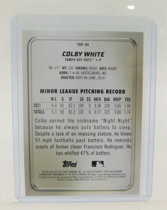 2022 Colby White Bowman Platinum Top Prospects Emerald Ice Foilboard /299 Tampa Bay Rays image number 2