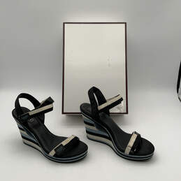 Womens Mylar A8051 Blue Black Stripped Wedge Heel Ankle Strap Sandals Sz 10