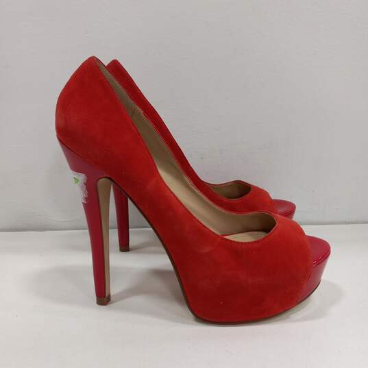 Womens Red Leather Slip On Peep Toe Platform Stiletto Pump Heels Size EUR 37 image number 2