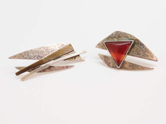 Signed S Sylvia Youell Navajo 925 & Copper Accent Modernist Carnelian Triangle Abstract Texture Stamped Drop Post Earrings 8.2g image number 4