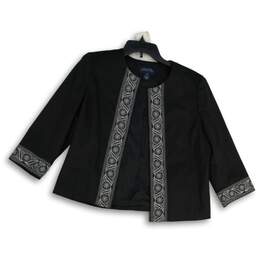 Jones New York Womens Black Embroidered 3/4 Sleeve Open-Front Jacket Size 10