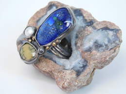 Signed NLSW 925 & Vermeil Blue & Yellow Dichroic Art Glass & White Pearl Granulated Unique Ring 12.3g