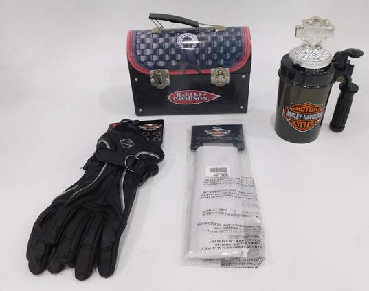 Harley Davidson Black Leather Windshielder Gloves SZ S & Armband w/ Tin & Cup image number 1