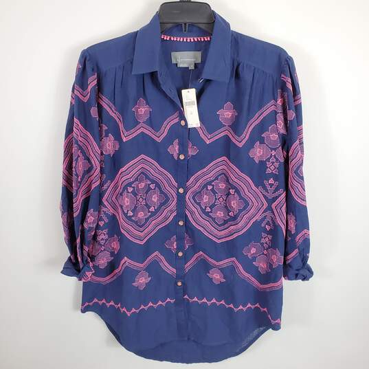 Anthropologie Women Navy Blue Printed Blouse XS NWT image number 1