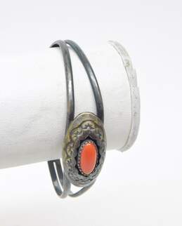 Vintage Navajo Style Signed Coral Stamped Cuff Bracelet 11.5g alternative image