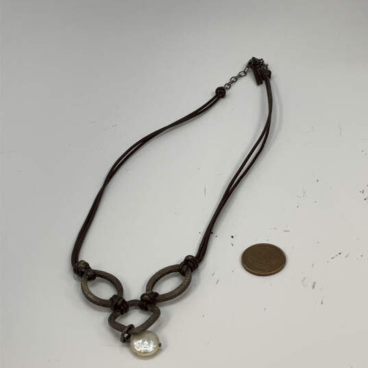 Designer Silpada Hammered Brown Leather Cord Coin Pearl Pendant Necklace image number 3