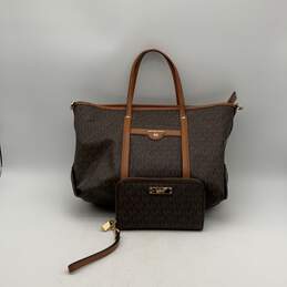Michael Kors Womens Brown Signature Print Double Strap Tote Bag Purse W/Wallet alternative image