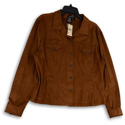 NWT Womens Brown Collared Long Sleeve Pockets Button Front Jacket Size 16