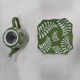 Green Glazed Leaf Design Ceramic Teapot and Underplate alternative image