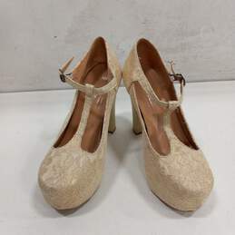 Beige Floral Lace Mary Jane T-Strappy Heels EU Size 38