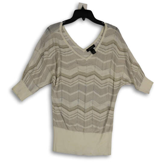 Womens White Gold Chevron Short Sleeve V-Neck Pullover Sweater Size M image number 1