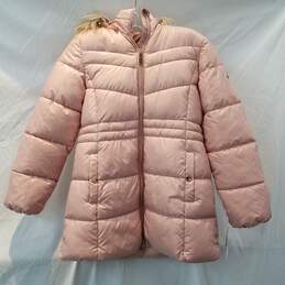 Michael Kors Girls Blush Heavyweight Faux-Fur Trim Hooded Stadium Jacket Size 10/12