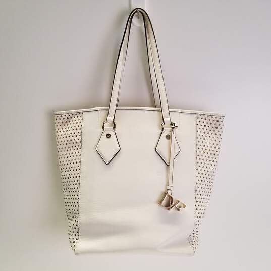 Diane Von Furstenberg White Perforated Leather Medium Shoulder Tote Bag image number 1