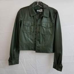 DKNY women's olive green faux leather cropped trucker jacket XXS