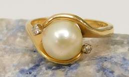 14K Yellow Gold Pearl White Diamond Accent Bypass Ring 3.0g