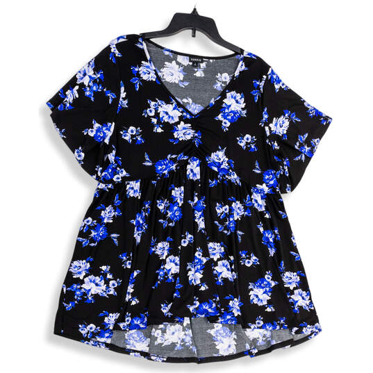 Womens Black Blue Floral Pleated V-Neck Pullover Blouse Top Size 3 image number 1