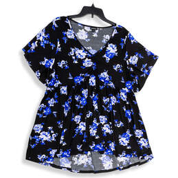 Womens Black Blue Floral Pleated V-Neck Pullover Blouse Top Size 3