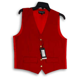 NWT Womens Red V-Neck Flap Pockets Sleeveless Button Front Vest Size 38