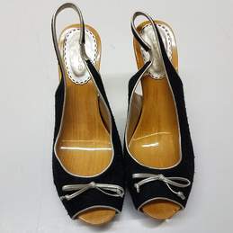 Bebe Wooden Heel Metallic Silver Studded Black Slingback Heels Size US 8W alternative image