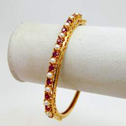 14K Yellow Gold Ruby & Pearl Hinged Bangle Bracelet 15.9g alternative image