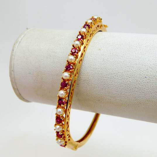 14K Yellow Gold Ruby & Pearl Hinged Bangle Bracelet 15.9g image number 2