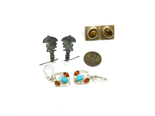 925 Egyptian, Tiger's Eye & Faux Turquoise Amber Earrings 21.6g image number 2
