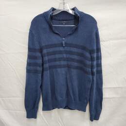 Tahari MN's 1/4 Zip Blue & Stripe 100% Cotton Pullover Size L