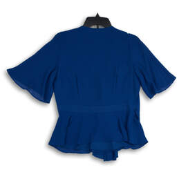 NWT Womens Blue V-Neck Ruffle Flutter Sleeve Wrap Pullover Blouse Top Sz S alternative image