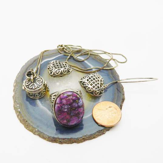Artisan 925 Scrolled Box Pendant Necklace Puffed Open Latticed Heart Drop Earrings & Faux Purple Mojave Turquoise Ring 22.1g image number 4