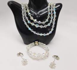 Vintage Aurora Borealis Necklaces Multi Strand Bracelet & Floral Dangle Clip On Earrings 155.2g