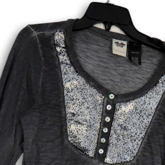 Womens Gray Heather Cotton Sequin Long Sleeve Button Front Blouse Top Sz L image number 3