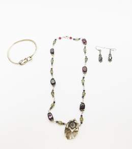Ethereal 925 Rose Flower Pendant Glass Bead Necklace, Garnet Earrings & Knot Bangle Bracelet 50.7g