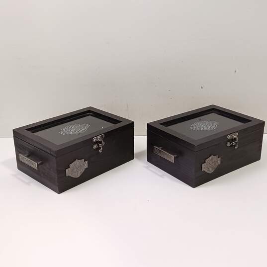 Pair of Harley-Davidson Wood Memory Boxes With Glass Display Top image number 2