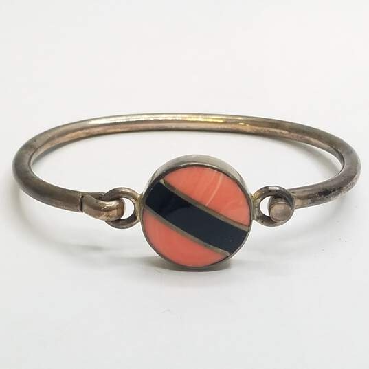 Sterling Silver Coral Onyx Inlay 7" Tension Bracelet 28.8g image number 2