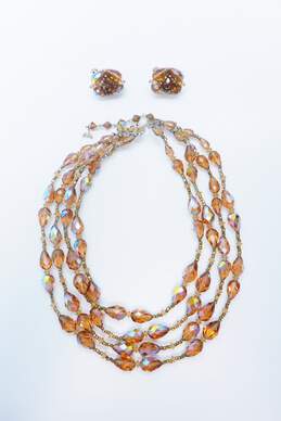 Vintage Vendome Silvertone Brown Aurora Borealis Crystals Beaded Multi Strand Necklace & Clip On Earrings Set 133.2g