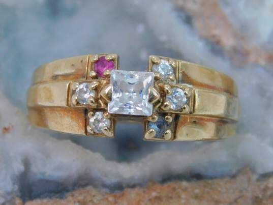 10K Yellow Gold Cubic Zirconia, Aqua & Ruby Mothers Ring 5.7g image number 3