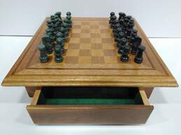 Wooden Chess Game Board & Storage  W/ Pieces