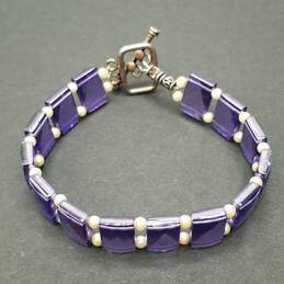 Faceted Sterling Silver Tanzanite & Faux Pearl Rectangle Link 8" Bracelet 38.4g alternative image