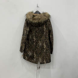 Womens Brown Animal Print Long Sleeve Hooded Button Front Parka Coat Sz S/P alternative image
