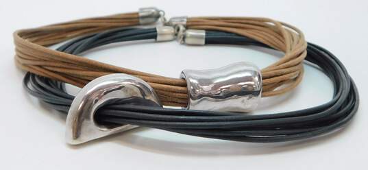 Artisan 925 Modernist Electroform Puffed Arch & Freeform Tube Pendants Black & Brown Cord Multi Strand Necklaces Set 51.3g image number 3